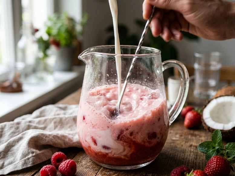 A steady stream of creamy white coconut milk being poured into a fruit juice mixture inside a glass pitcher while being vigorously stirred with a long bar spoon.