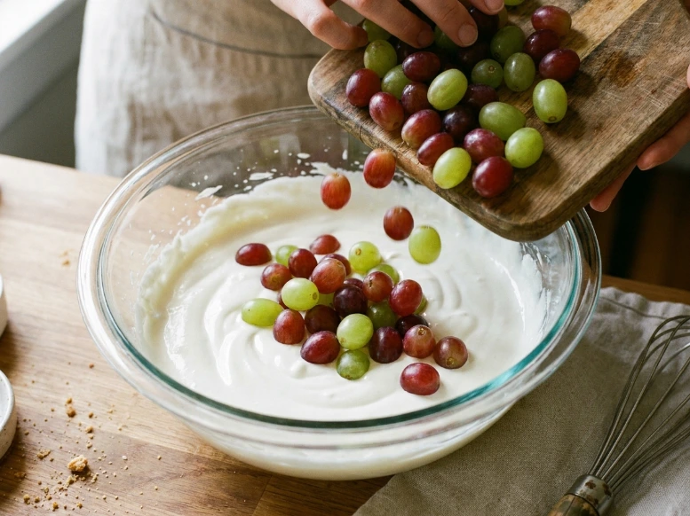 Pouring firm, dry whole red and green grapes from a wooden cutting board directly into a large clear bowl filled with sweet cream fruit dressing.