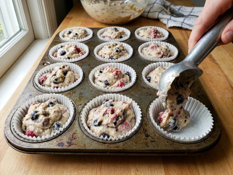 Using a silver metal ice cream scoop to divide thick berry-packed batter evenly into a white-lined jumbo muffin pan.