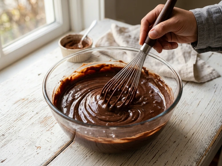 Whisking rich chocolate pudding mix with cold milk in a clear glass bowl for a homemade chocolate pudding dirt cups recipe.