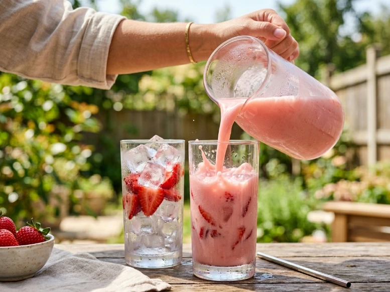 An outdoor action shot of a person pouring the creamy pastel pink beverage from a pitcher into a tall glass packed with ice and fresh strawberry slices on a sunny day.