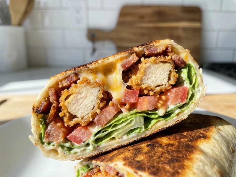 A crisp, close-up shot of a halved crispy chicken bacon ranch wrap resting on a white plate, cleanly revealing layers of diced tomatoes, romaine lettuce, perfectly fried chicken tenders, and melted cheese against a blurred kitchen background with white subway tiles.
