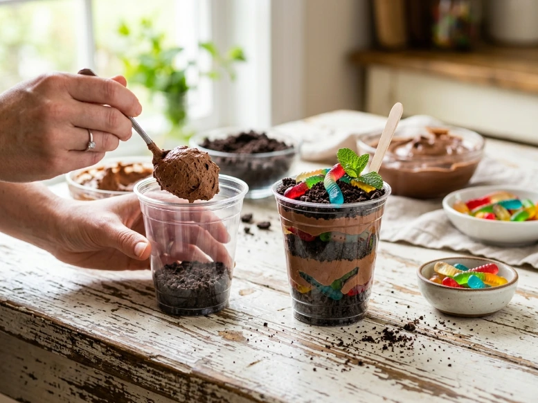 Spooning fluffy chocolate mousse mixture into a clear plastic cup to assemble mini dirt desserts with cream cheese and gummy worms.