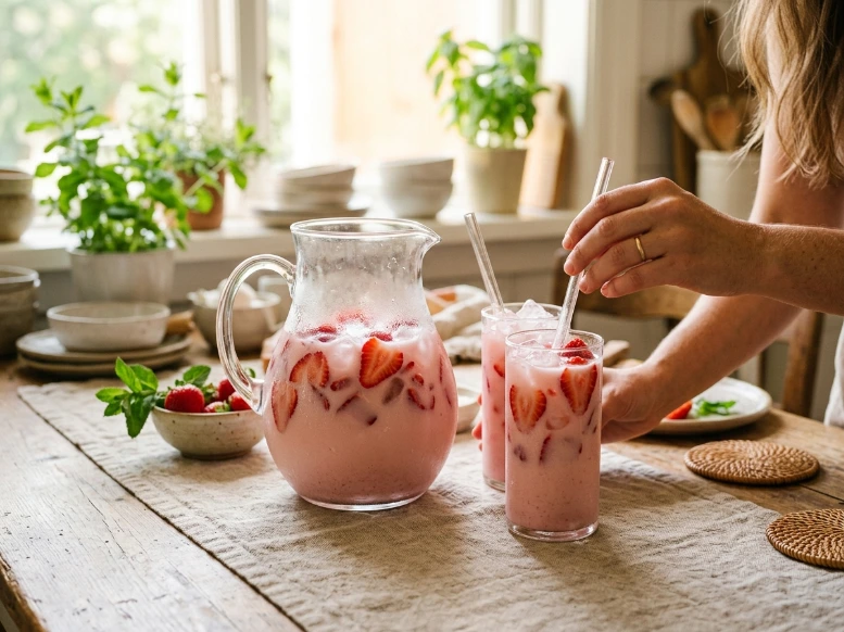 A beautiful kitchen table layout showing a full glass pitcher of homemade pink drink alongside two served glasses with straws and fresh strawberry slices.
