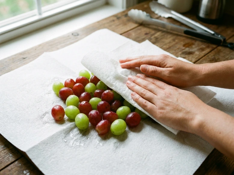 Hands gently patting whole green and red seedless grapes dry with clean white paper towels on a wooden kitchen counter.