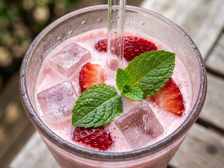 A top-down macro shot looking into a glass of pink drink, highlighting glistening square ice cubes, fresh strawberry slices, a glass straw, and a vibrant green mint leaf garnish.