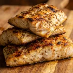 A stack of juicy grilled mahi mahi fillets cooked to the perfect internal temperature on a wooden cutting board.