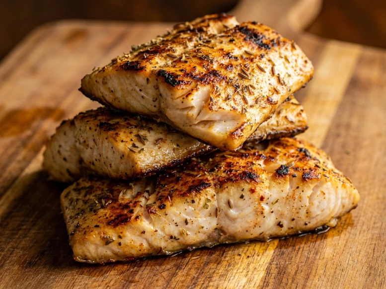 A stack of juicy grilled mahi mahi fillets cooked to the perfect internal temperature on a wooden cutting board.