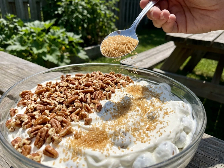 Sprinkling brown sugar from a spoon over a large glass bowl of creamy grape salad layered with chopped pecans on an outdoor bench.