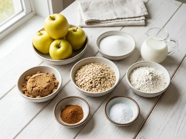 Overhead view of ingredients for an old fashioned easy apple crisp recipe including golden delicious apples, rolled oats, brown sugar, flour, and cinnamon in white bowls.