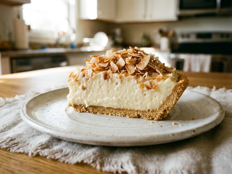 A perfect, tall slice of instant pudding coconut pie sitting on an elegant white ceramic plate over a rustic fringed linen cloth, topped with a thick layer of toasted coconut flakes.
