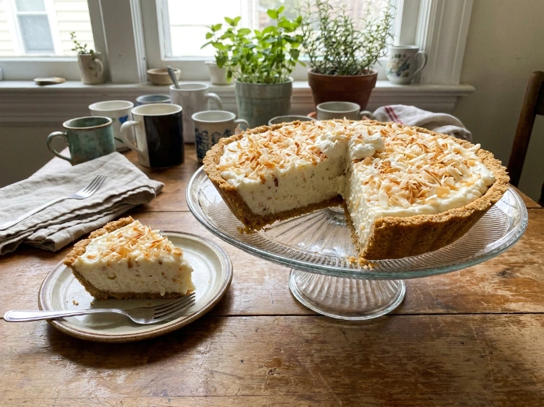 A whole homemade No Bake Coconut Cream Pie on a clear glass stand resting on a warm wooden dining table alongside coffee mugs and an individual slice served on a plate.