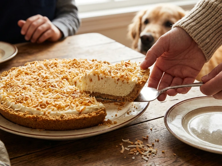 A candid, family-friendly kitchen shot showing a hand lifting a slice of coconut cream pie with a silver pie server, while a cute golden retriever dog looks on longingly in the background.