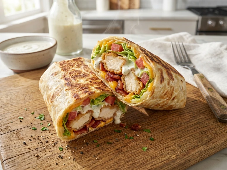 Two halves of a perfectly toasted crispy chicken bacon ranch wrap resting on an oak board dusted with black pepper and parsley, revealing a rich, glistening cross-section of fillings with a light puff of warm steam.