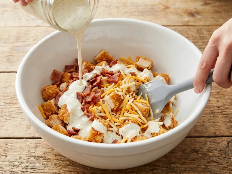 A close-up shot of a hand using a grey spatula to mix chopped crispy chicken tenders, bacon bits, and shredded cheddar cheese with creamy ranch dressing in a large white ceramic bowl.