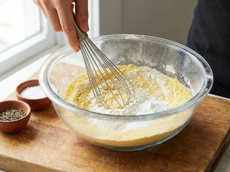 Whisking flour and yellow cornmeal in a clear glass bowl on a wooden cutting board to make cornmeal corn fritters.
