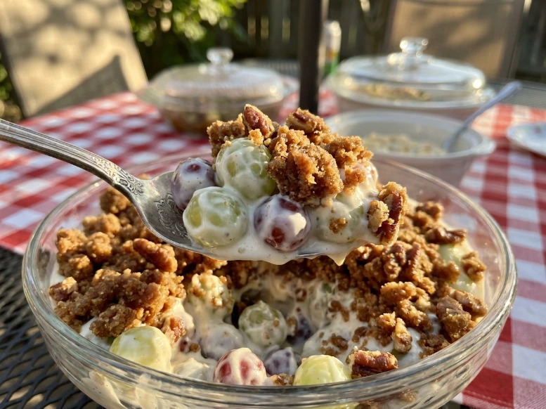 Lifting a spoonful of classic creamy grape salad showing whole green and red grapes with a crunchy pecan brown sugar topping over a red gingham tablecloth.