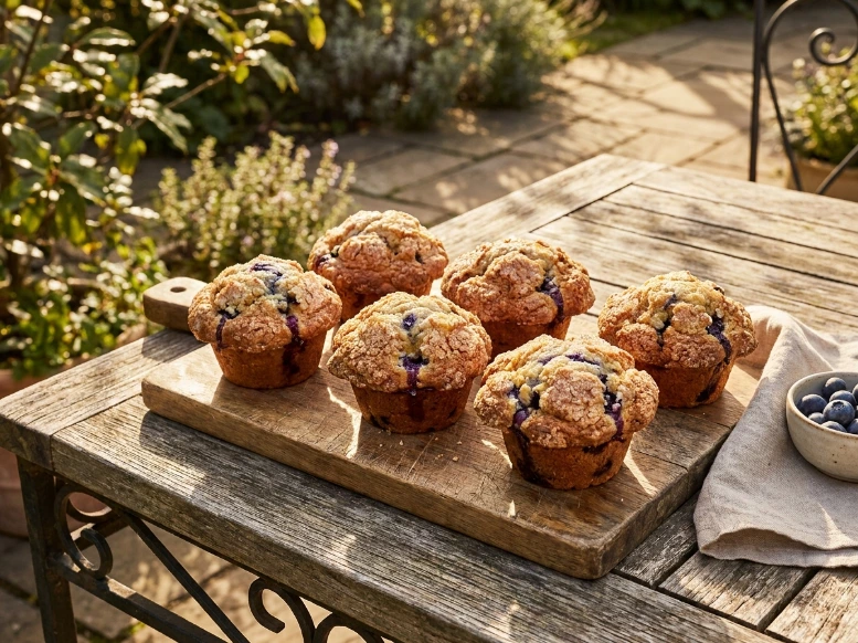 Six freshly baked jumbo blueberry muffins with tall sugar crusted crowns sitting on a wooden platter on an outdoor patio table.