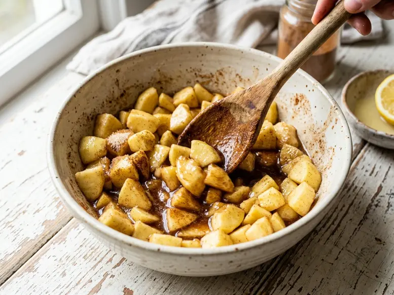 Stirring chopped golden delicious apples with brown sugar and ground cinnamon in a ceramic bowl using a wooden spoon.