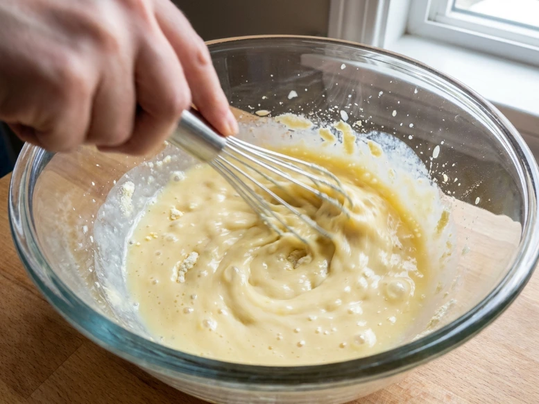 A close-up action shot of a hand using a metal wire whisk to blend instant pudding mix and cold milk together in a clear glass bowl to create a quick coconut pudding pie filling.
