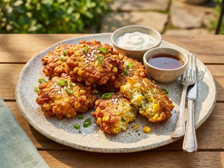 Bright, golden hour view of a plate of crispy corn fritters broken open to show the fluffy interior, served with dipping sauces.