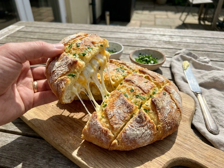 An incredible cheese pull action shot showing thick, stretchy ribbons of melted mozzarella lifting from a fresh garlic pull apart bread loaf on an outdoor table.