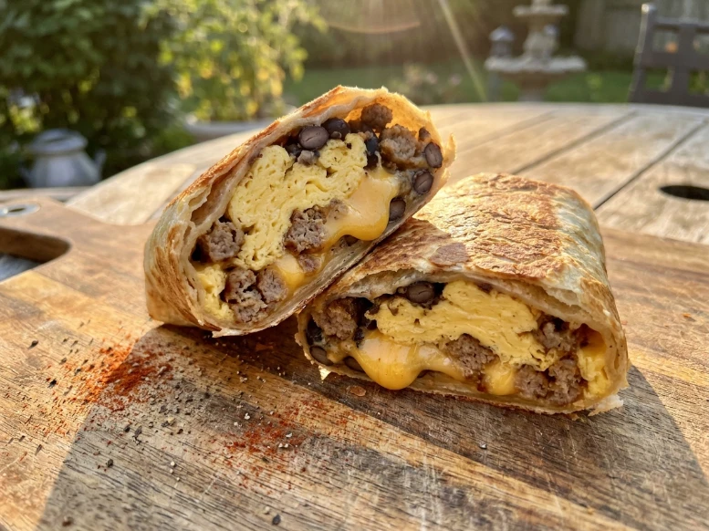 A freezer breakfast burrito sliced cleanly in half on a wooden board under warm sunlight, showing rich layers of egg, sausage, beans, and melted cheese.