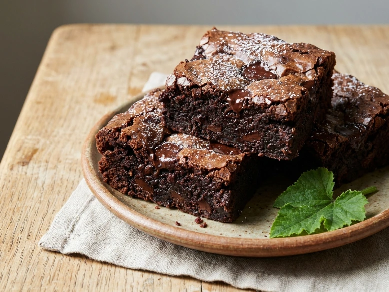 A close-up stack of fudgy zucchini brownies dusted with powdered sugar on a rustic plate, garnished with a fresh green leaf on a linen napkin.