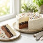 A bright, beautifully styled final slice of a homemade dairy queen ice cream cake on a plate next to the whole frosted cake, showcasing distinct layers of chocolate ice cream, fudge cookie crunchies, and vanilla ice cream.