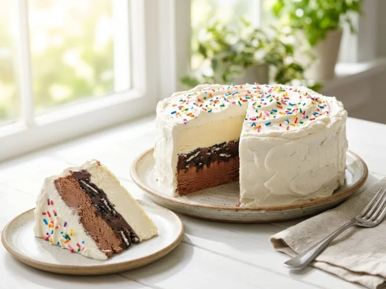 A bright, beautifully styled final slice of a homemade dairy queen ice cream cake on a plate next to the whole frosted cake, showcasing distinct layers of chocolate ice cream, fudge cookie crunchies, and vanilla ice cream.