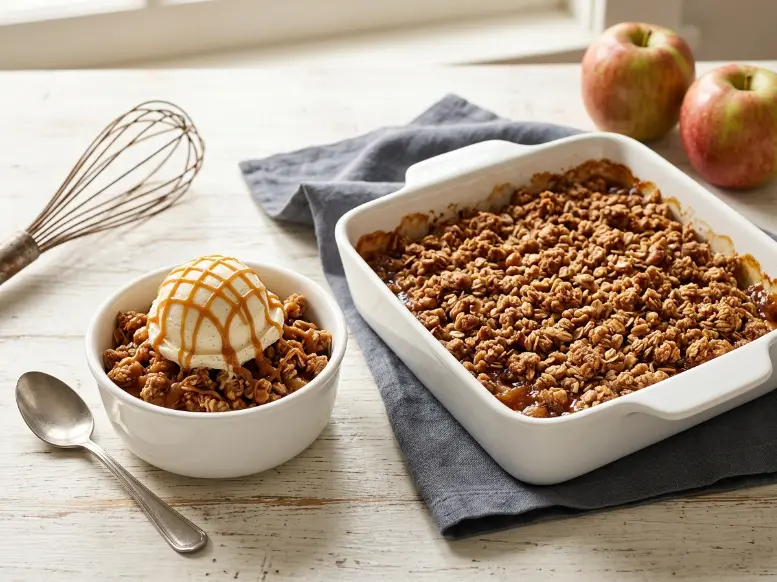 A square white dish of fresh oat-topped apple crisp next to a small bowl topped with vanilla ice cream and a cross-hatched caramel drizzle.