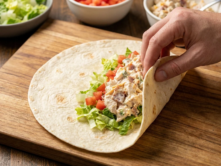 A close-up view of a hand tightly folding the side of a large flour tortilla over layers of fresh lettuce, tomatoes, and mixed chicken bacon ranch filling on a wooden board.