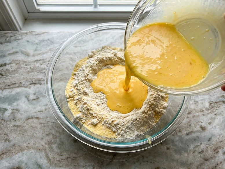 Pouring liquid egg and milk mixture into the dry flour and cornmeal ingredients in a glass bowl.