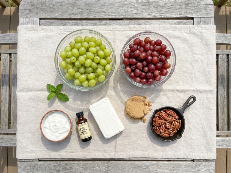 Flat lay view of raw ingredients for grape salad, including red and green seedless grapes, cream cheese, sour cream, vanilla extract, brown sugar, and pecans.