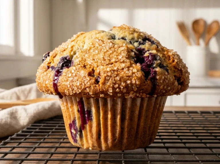 A beautiful close-up shot of a golden-brown bakery style jumbo blueberry muffin sitting on a wire cooling rack, showing a tall domed top covered in coarse sparkling sugar crystals.