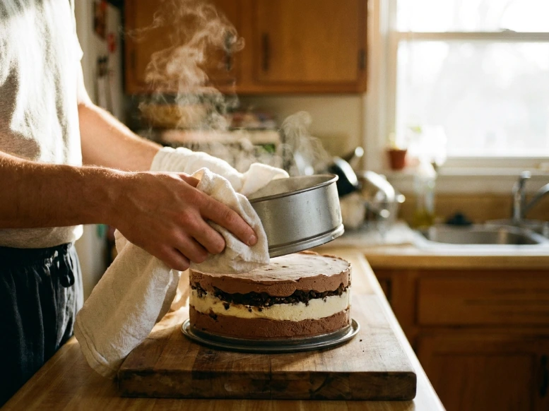 A kitchen setting showing a person using a warm, white cloth towel to slide the metal ring off a cleanly layered frozen chocolate and vanilla ice cream cake.
