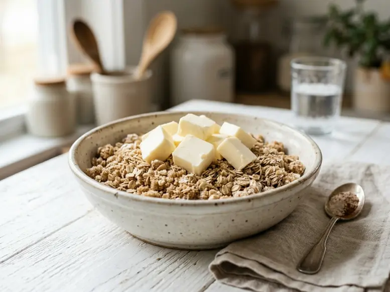 Cubes of cold unsalted butter sitting on top of a brown sugar and oat mixture in a bowl.