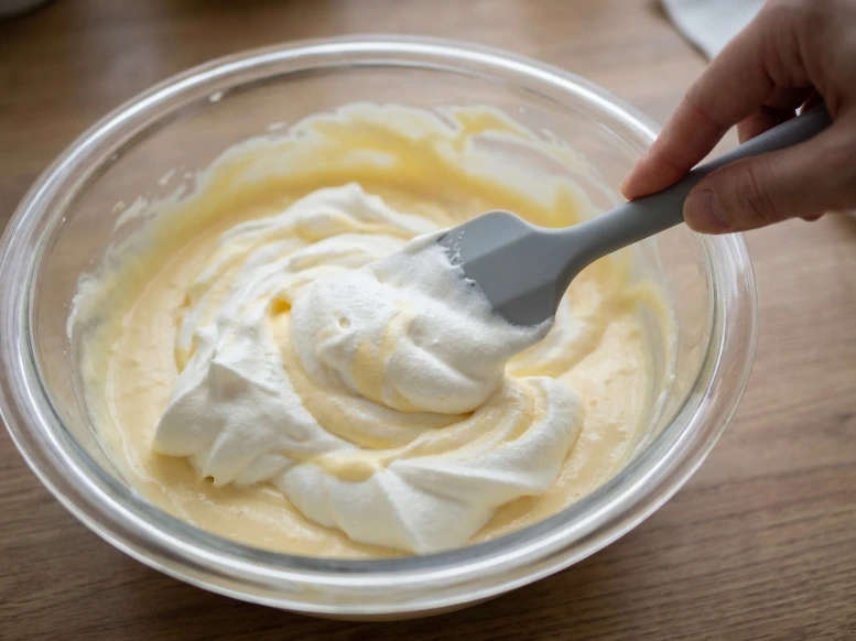 A close-up of a rubber spatula folding fluffy, snowy-white Cool Whip into a smooth pudding base inside a glass bowl, showcasing a velvety and stable cream texture.