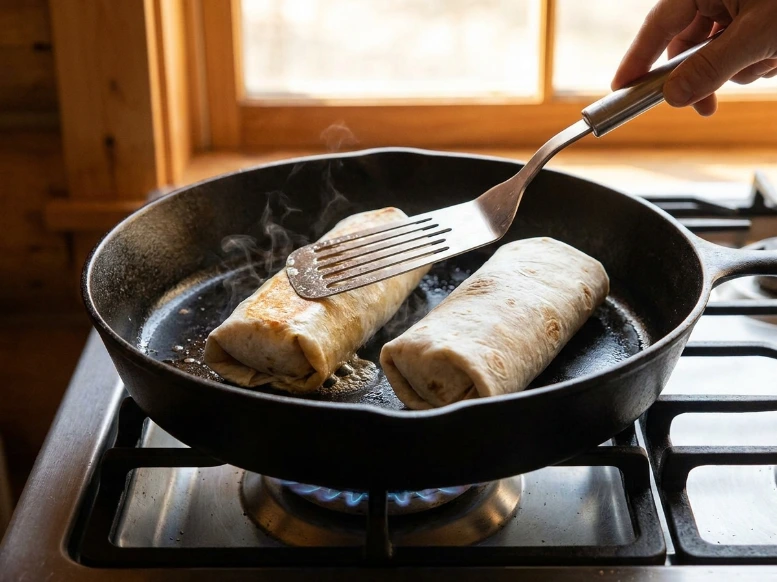 Two chicken bacon ranch wraps being toasted seam-side down in a hot black cast-iron skillet on a gas stovetop, with a metal spatula pressing down to get a crispy golden-brown exterior.