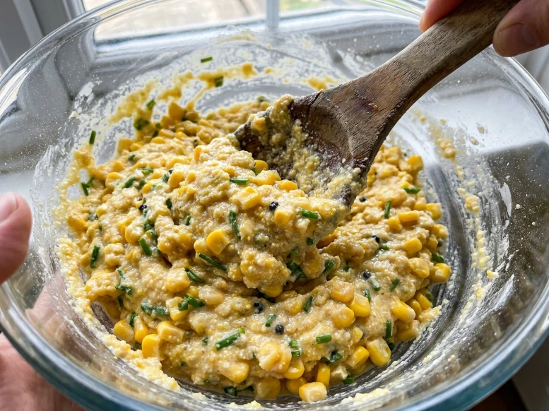 Mixing thick corn fritter batter studded with sweet corn kernels and fresh green chives using a wooden spoon.
