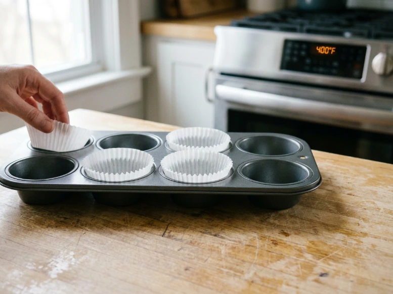 Placing white pleated paper liners into a 6-cup jumbo metal muffin tin on a wooden kitchen counter in front of a preheated stove.