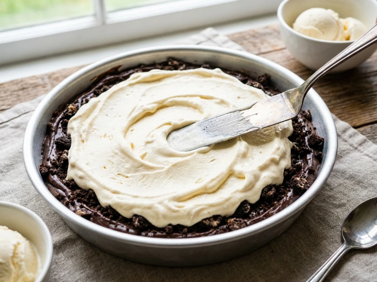 Using an offset spatula to smooth out a layer of softened vanilla ice cream over the dark Oreo and hot fudge crunch center inside a baking pan.