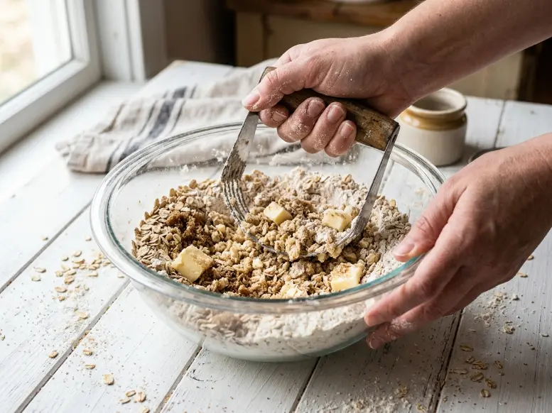 Using a vintage wooden-handled pastry cutter to cut cold butter into the flour and homemade apple crisp with oats mixture.