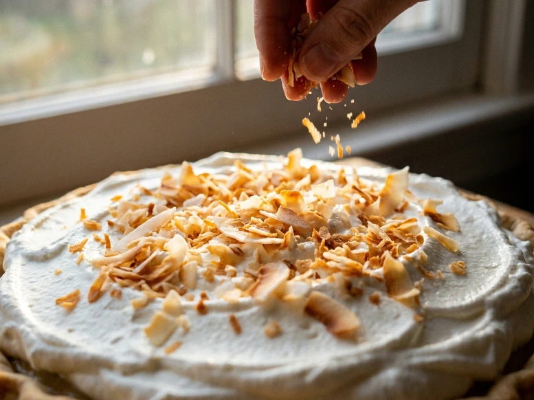 A close-up of a hand gently sprinkling crunchy, golden-brown toasted coconut flakes over a thick layer of fluffy whipped cream topping on a homemade no bake coconut dessert.