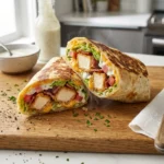 A photorealistic, bright food photography shot of a crispy chicken bacon ranch wrap cut in half on a wooden cutting board, showing melted cheese, crunchy fried chicken filling, and a glass bottle of dressing in the background.