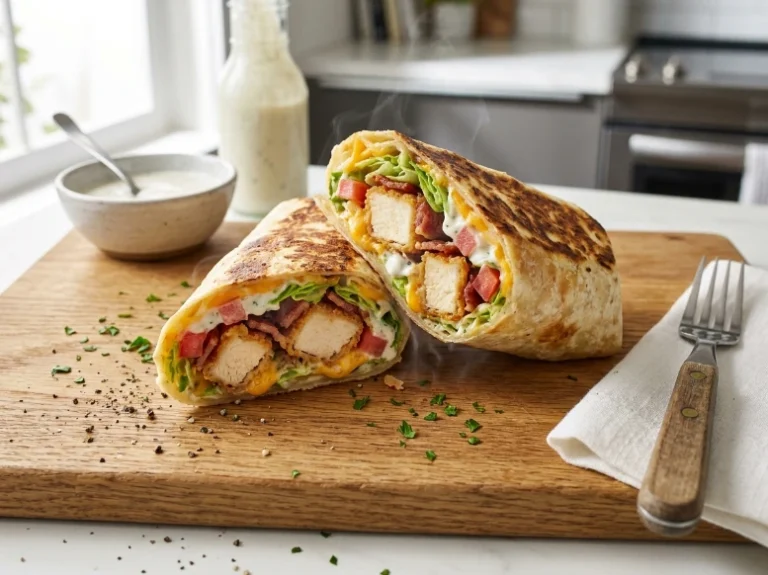 A photorealistic, bright food photography shot of a crispy chicken bacon ranch wrap cut in half on a wooden cutting board, showing melted cheese, crunchy fried chicken filling, and a glass bottle of dressing in the background.
