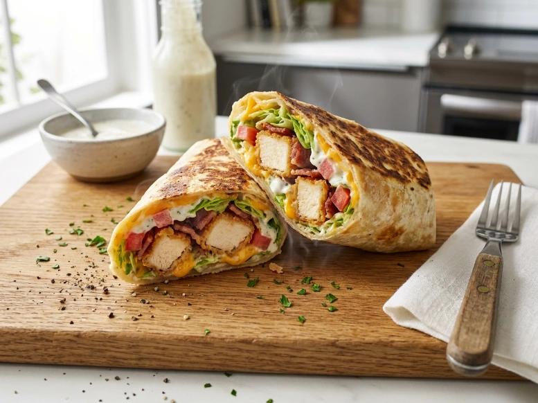 A photorealistic, bright food photography shot of a crispy chicken bacon ranch wrap cut in half on a wooden cutting board, showing melted cheese, crunchy fried chicken filling, and a glass bottle of dressing in the background.