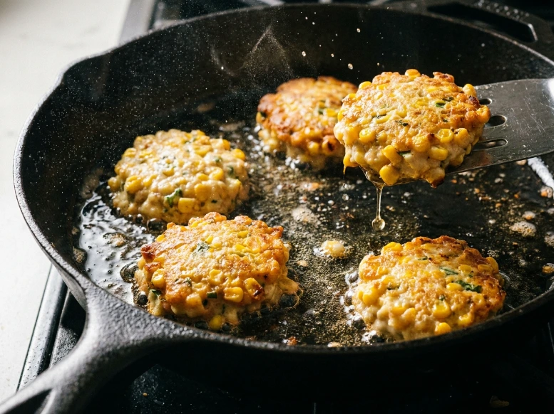 Golden sweet corn fritters sizzling and bubbling in hot oil inside a black cast iron skillet on a stovetop.