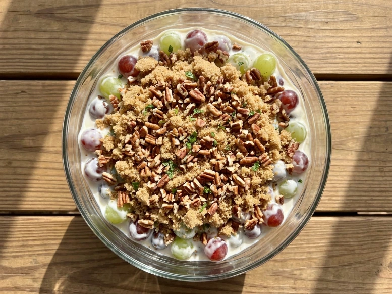An overhead view of a large glass bowl filled with creamy grape salad, heavily layered with brown sugar, toasted chopped pecans, and fresh mint.