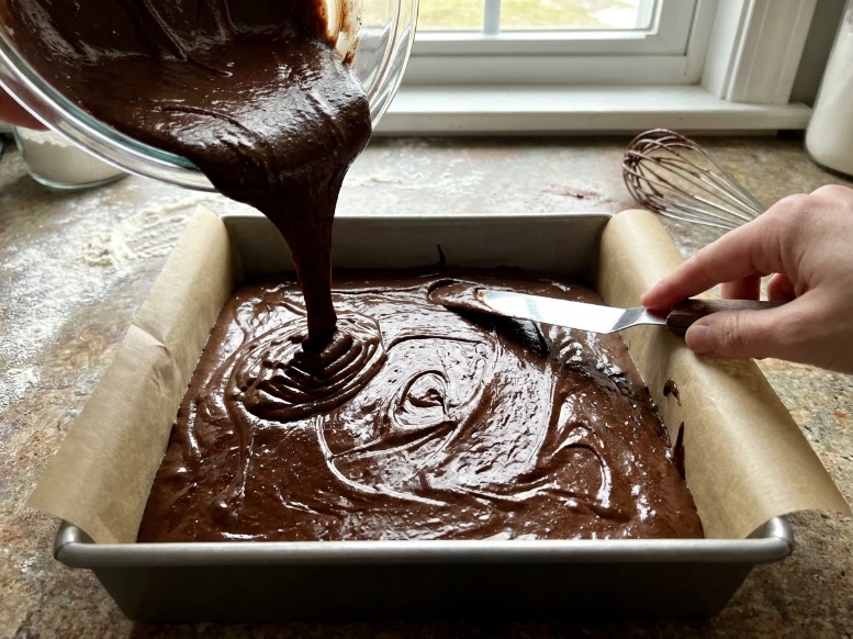 Pouring a thick, glossy ribbon of chocolate zucchini brownie batter from a glass bowl into a parchment-lined square metal baking pan near a window.
